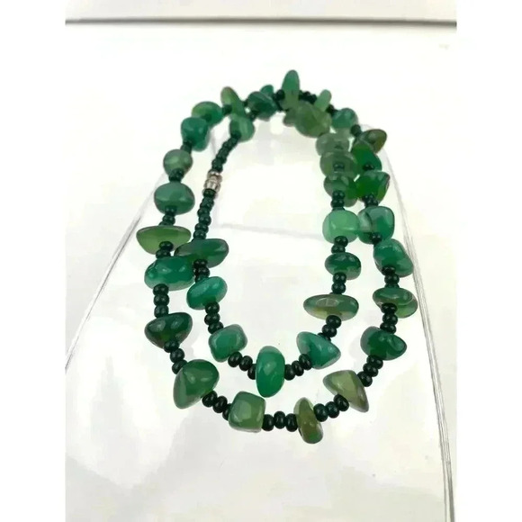 Natural Stone Green Agate Nugget Rock Beaded Necklace Seed Bead 20" - Picture 9 of 15